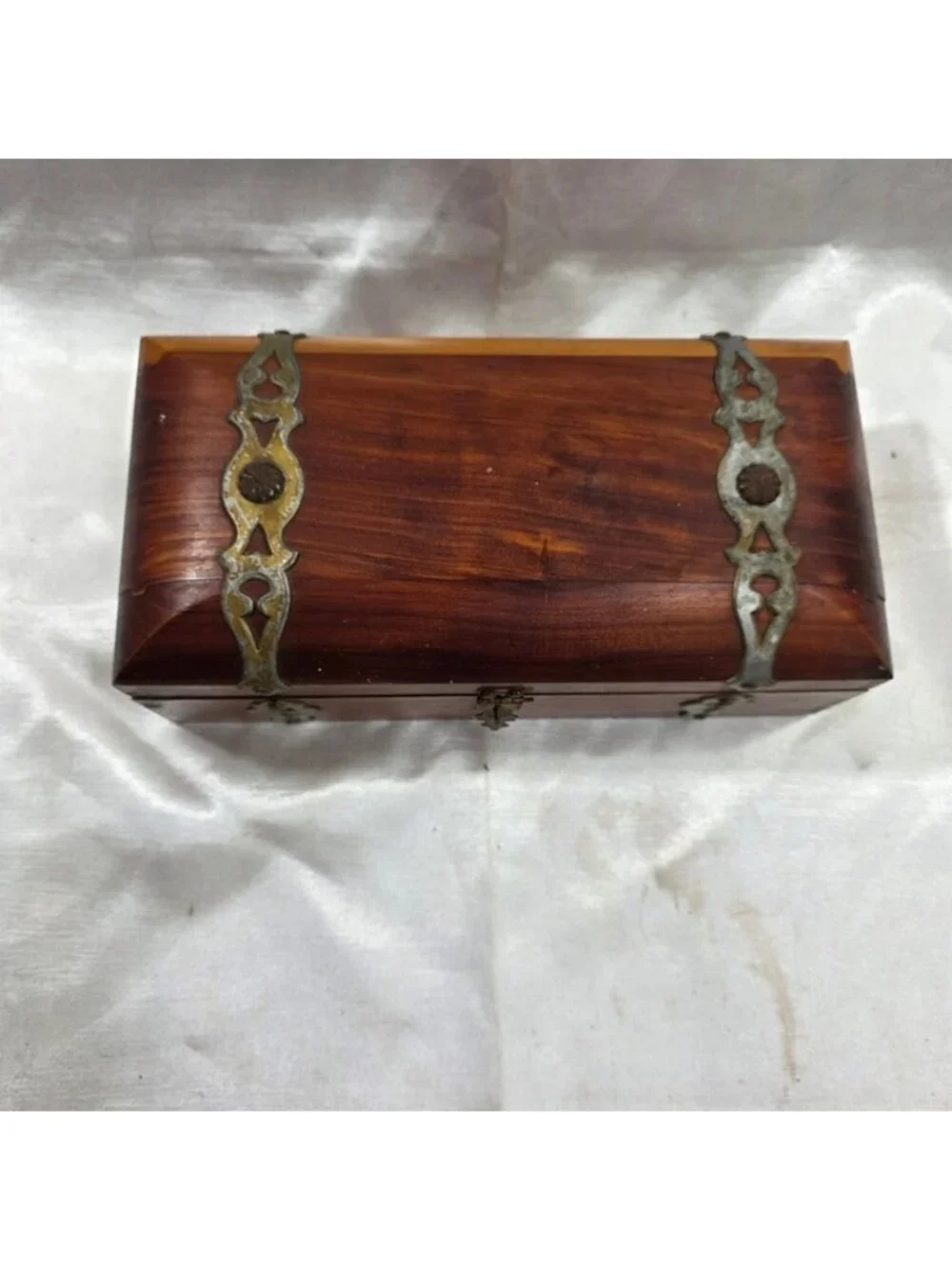 Vintage Cedar Jewelry Trinket Box Ornate Brass Hardware